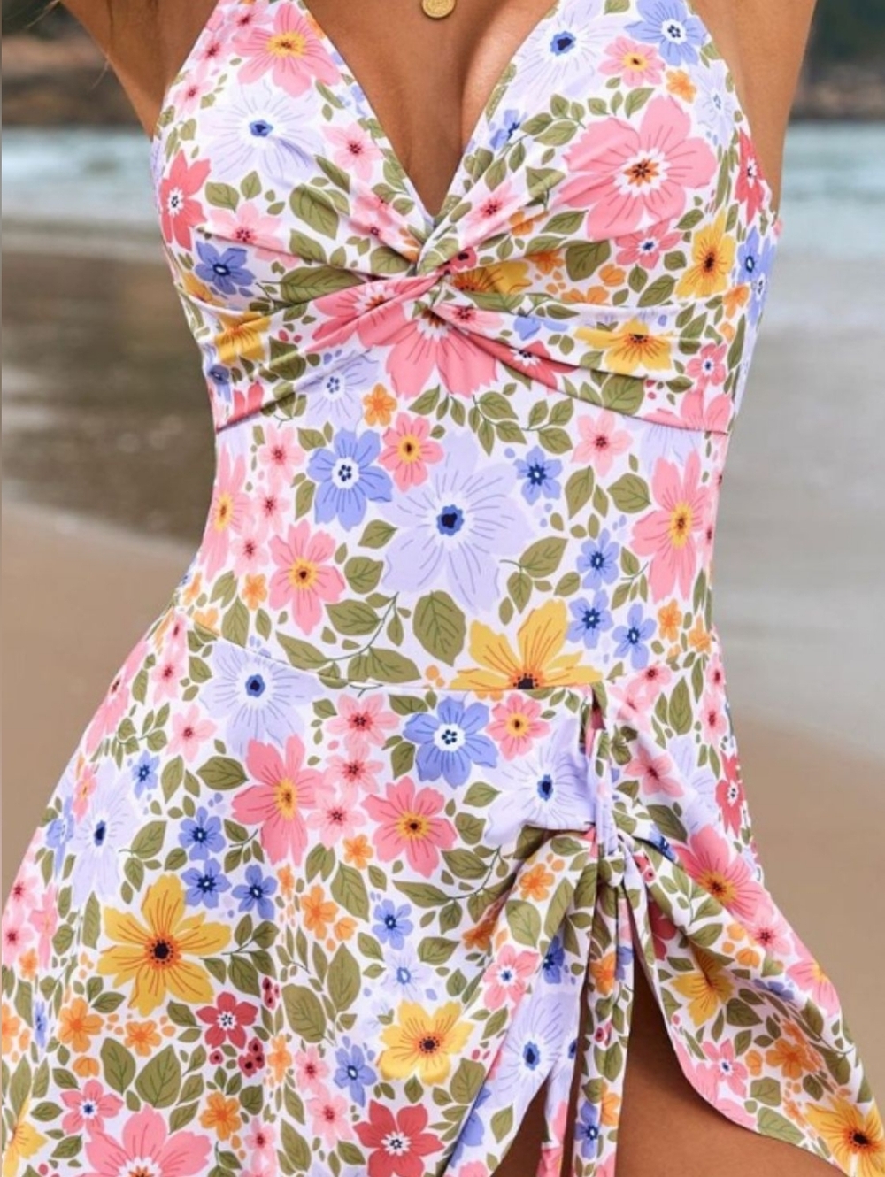 Floral Tie-Side Swim Dress - Pink, White & Green - Picture 4 of 7